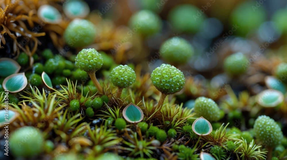 Poster close-up view of lush green moss with small spherical structures under natural light featuring blurr
