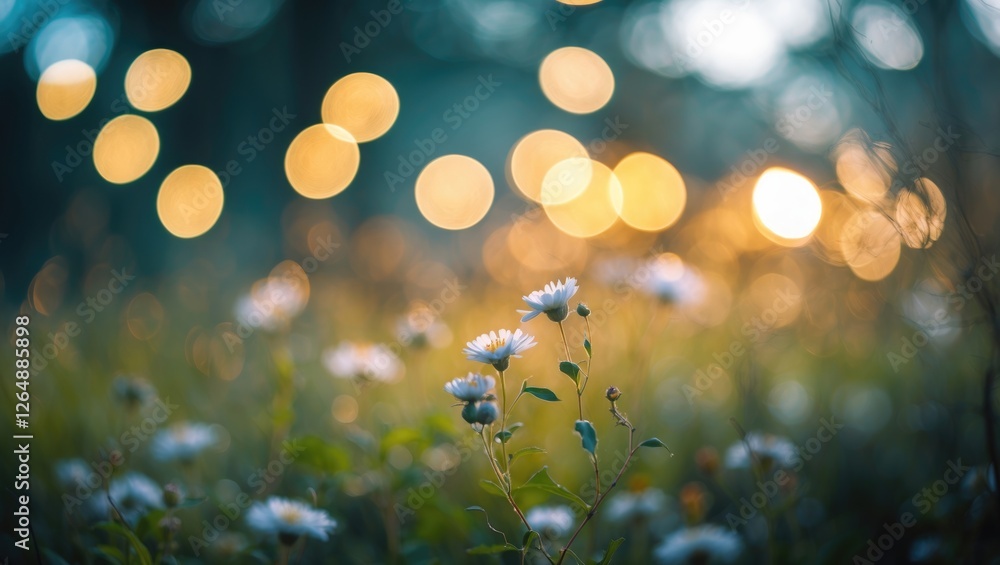 Poster flowers in a field with blurred bokeh lights background captured during twilight copy space