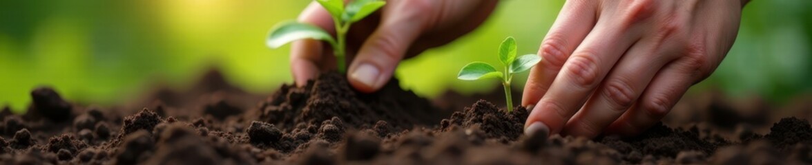 Close-up view of hands planting flower seedlings , agriculture, growth