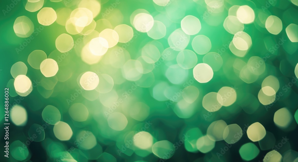 Poster green and gold bokeh background with blurred circles and copy space for text