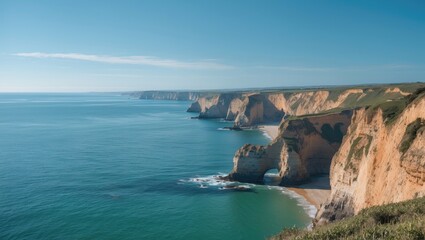 Coastal cliffs with arch formation against clear blue ocean and sky, serene landscape with natural beauty, Copy Space