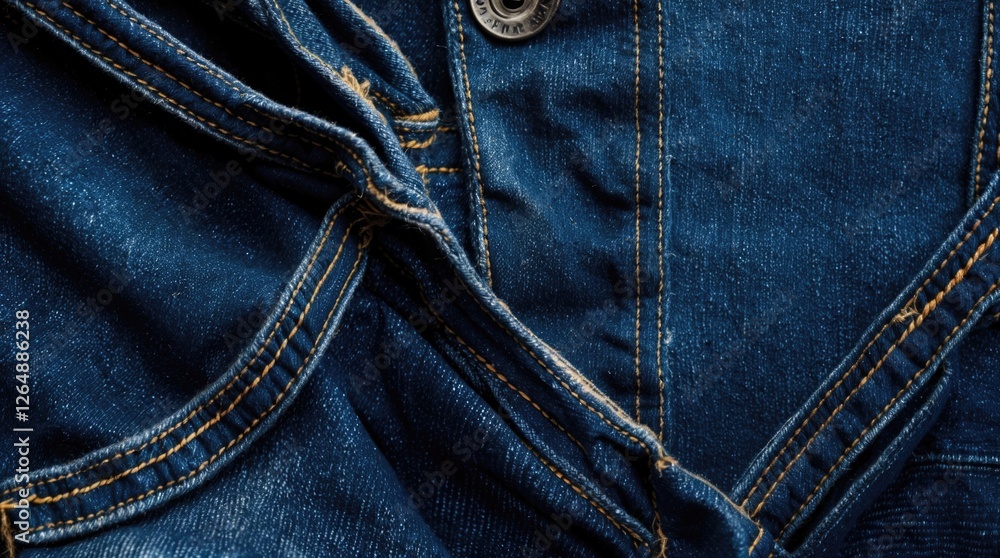 Poster close-up of blue denim fabric with stitching details featuring button and texture showing the weave 