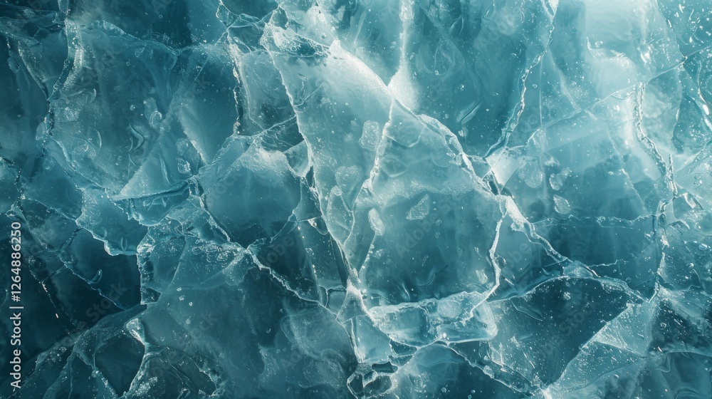 Poster crystalline ice chunks create an intricate mosaic of clear and blue shades, reflecting natural light