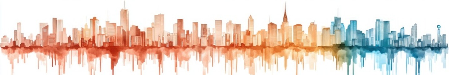 Fototapeta premium Vibrant City Skyline Reflection in Colorful Gradient with Diverse Architectural Structures at Dusk