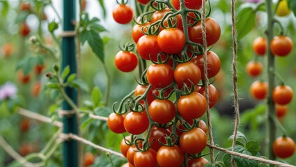 Fresh ripe cherry tomatoes hanging on vine in greenhouse garden with green foliage and string support system Copy Space