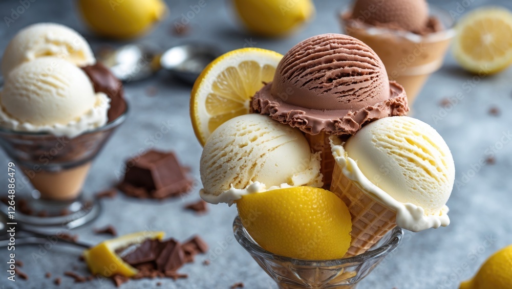 Poster ice cream cones with lemon and chocolate flavors garnished with fresh lemon slices on textured backg