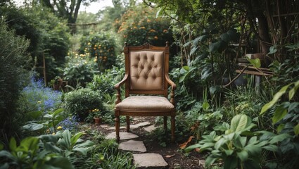 Vintage upholstered chair in a lush green garden surrounded by plants and flowers with stone pathway leading to the chair Copy Space