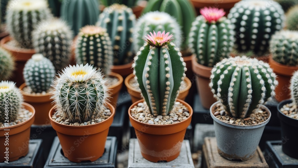 Poster variety of cacti in pots with flowers showcasing different shapes and colors in a greenhouse setting