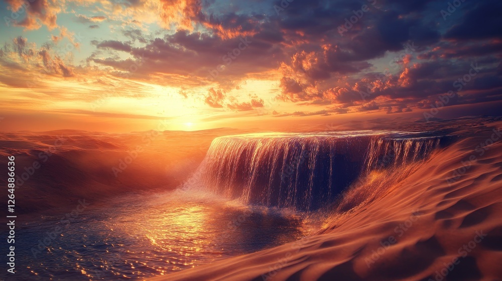 Poster magical sky waterfall in an open desert, with the cascading water creating ripples in the sand below