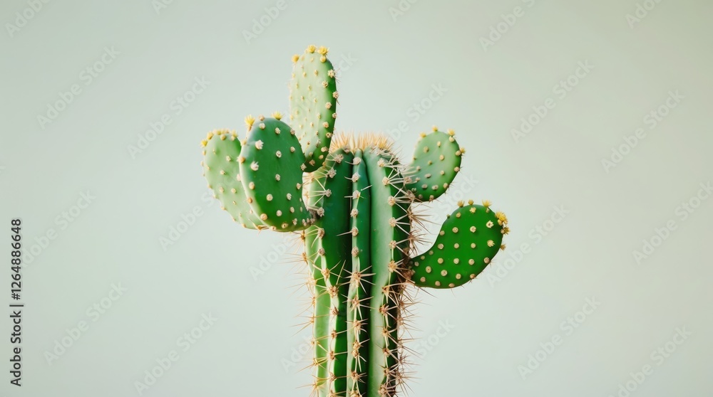 Poster green cactus with unique pads and spines against a light background suitable for text placement copy