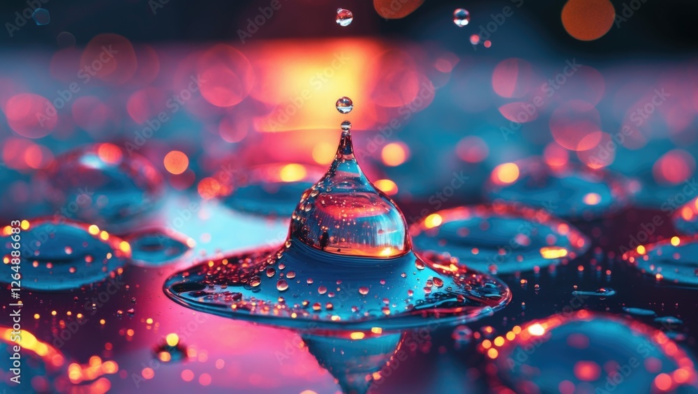 Aufkleber macro shot of water droplets on a surface with colorful reflections and bokeh, featuring a prominent