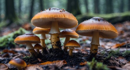 Cluster of wild mushrooms with orange caps growing on forest floor in a natural setting with blurred background and fallen leaves.