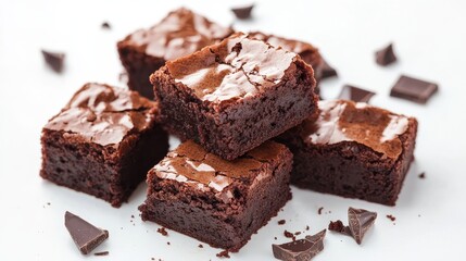 A stack of chocolate brownies on white background, homemade bakery and dessert. Bakery, confectionery concept