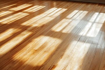Sunlight streaming through windows casts shadows on the wood floor of a home