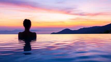Fototapeta premium Feminine silhouette in still water, fiery sunset horizon, mountain landscape outline, reflective water surface, gradient evening sky, peaceful dusk colors, atmospheric nature photography