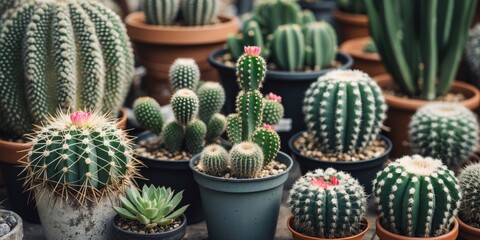 Variety of cacti in decorative pots with colorful flowers arranged in a garden setting with ample Copy Space for text placement