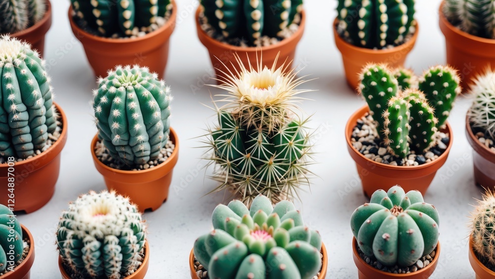 Poster variety of small potted cacti arranged neatly on a table with neutral background and natural light c