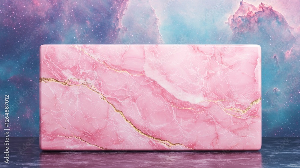 Poster serene pink marble texture with gold veins on a cosmic background for elegant design projects