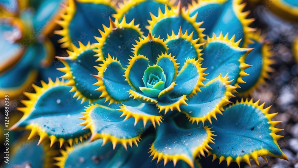 Poster succulent plant with sharp yellow tips on turquoise leaves close-up macro photography with shallow d
