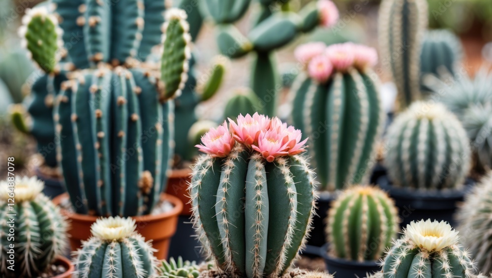 Poster colorful blooming cacti in pots with various shapes and sizes in a greenhouse setting with soft focu