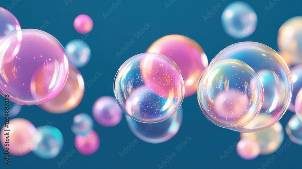 Poster colorful and shimmering soap bubbles floating against a soft blue background in a dreamy and etherea