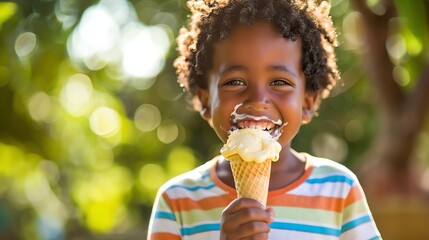 A young boy with curly hair smiles while enjoying an ice cream cone.