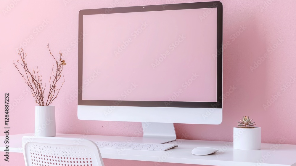 Poster stylish workspace with clean desktop and minimalist decor on soft pink background