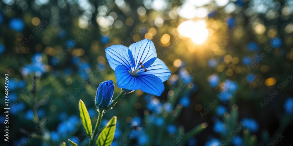 Poster blue flower with sunlight and blurred background in a natural setting with copy space for text.