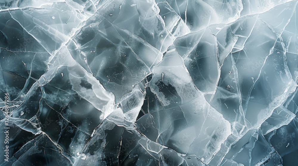 Poster cracks and fissures run through the surface of a frozen lake, showcasing a beautiful natural design 