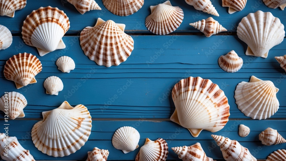 Poster collection of assorted seashells arranged on blue wooden surface with space for text