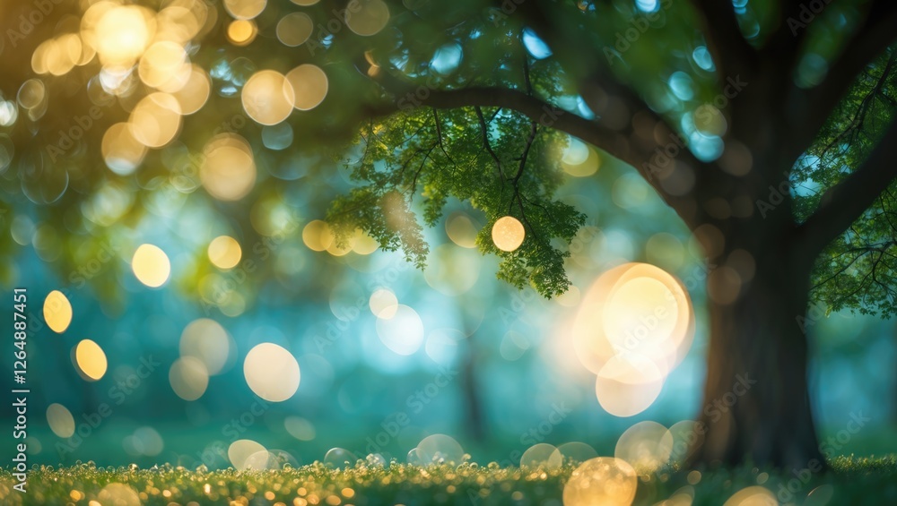 Poster bokeh effect of sunlight filtering through green leaves of a tree creating a serene, blurred backgro