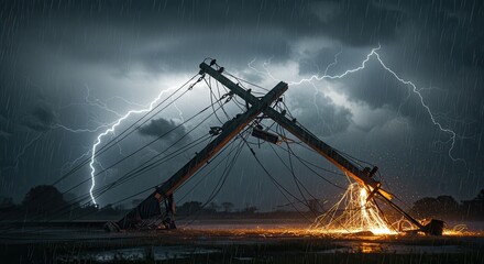 Fallen Power Pole During Lightning Storm with Sparks and Heavy Rain
