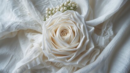 Fototapeta premium White rose flower on soft white fabric background with pearl accessory decor and ample copy space for text.