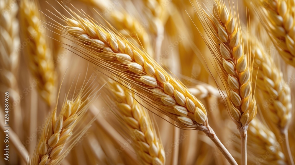 Poster close-up of golden wheat ears with detailed grains and fibers against a blurred background copy spac