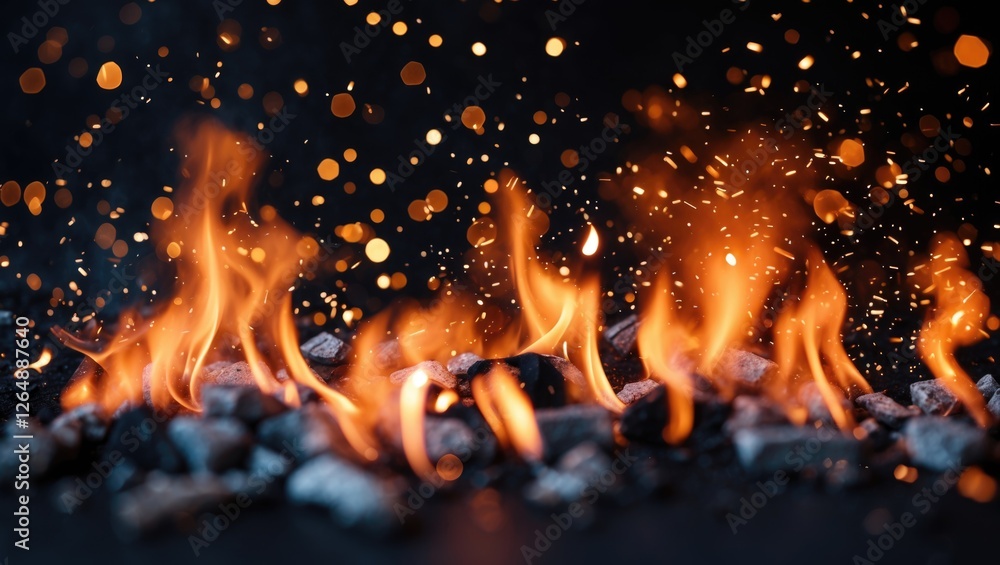 Poster flames and embers on dark background with glowing sparks and copy space for text. fire texture with 