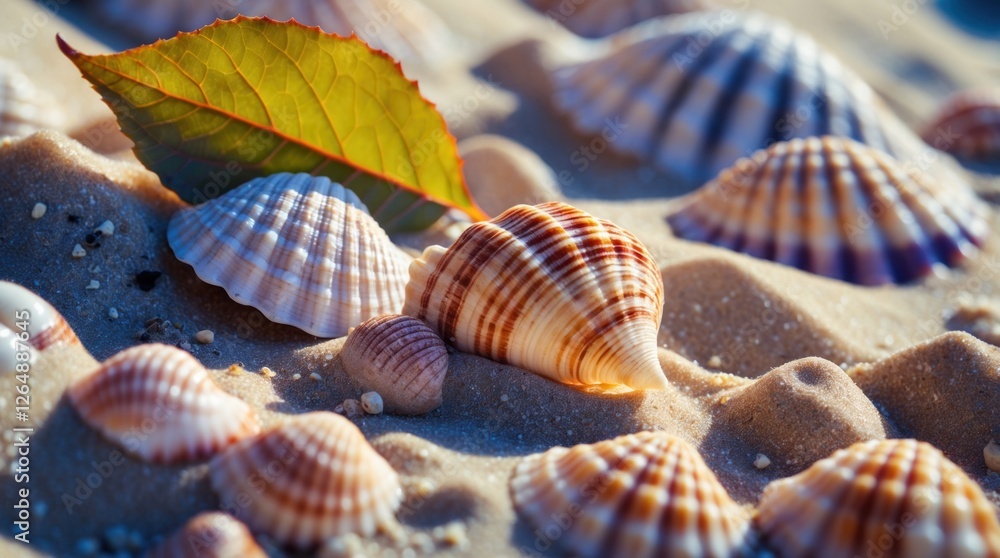 Poster colorful seashells scattered on sandy beach with a leaf, captured in natural light, with shallow dep