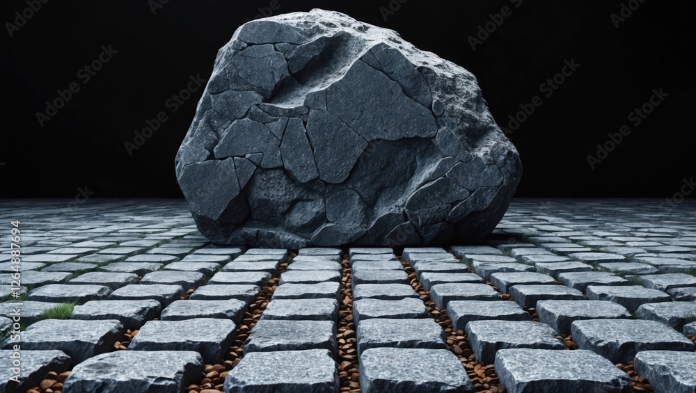 Aufkleber Large textured rock resting on cobblestone path with small pebbles and patches of grass against a dark background Copy Space