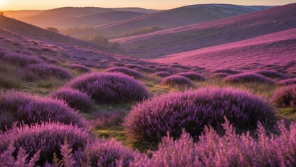 Vast lavender fields under soft morning light with rolling hills in the background showcasing vibrant purple blooms and natural landscape Copy Space