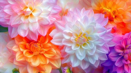 Different pink, orange and white Dahlia flowers. Colorful dahlia garden flowers, wallpaper backdrop. Blossoming dalias bloom