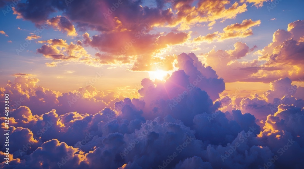 Poster colorful sunset over a sky filled with fluffy clouds illuminated by soft golden light with vibrant h