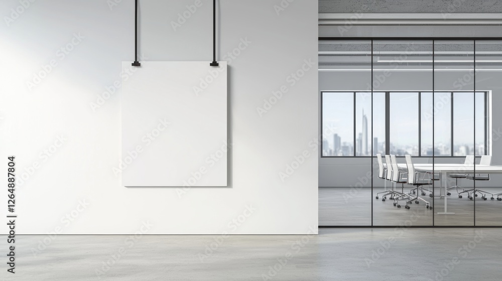 Poster minimalist office interior with blank canvas and city view from large windows in modern space