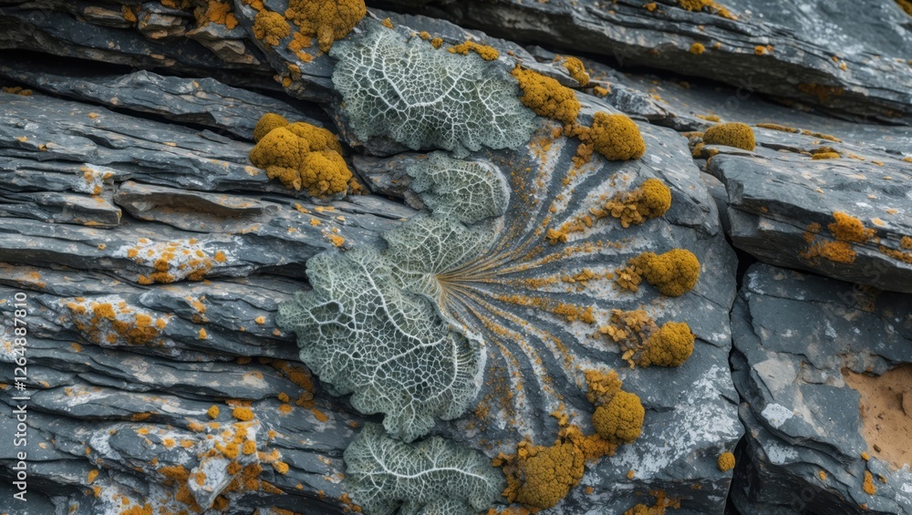 Poster Lichen and moss growing on textured rock surface in natural environment displaying intricate patterns and colors with copy space
