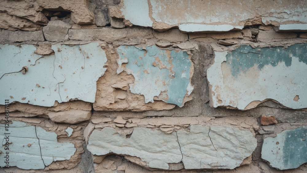 Poster Peeling paint and worn textures on a weathered stone wall surface with visible cracks and imperfections. Copy Space.