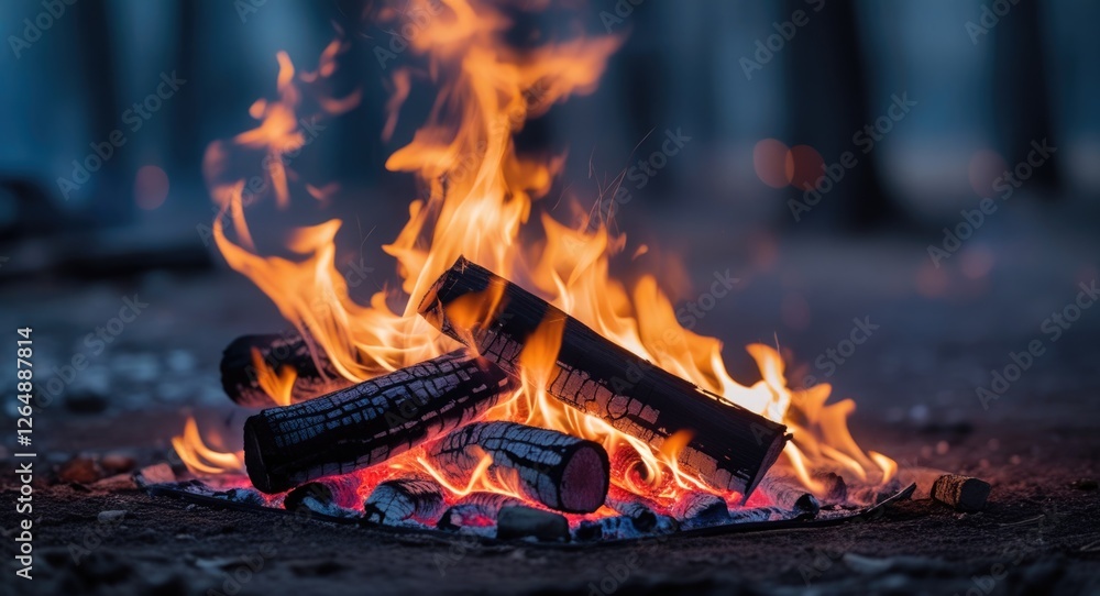 Poster Campfire with burning logs and glowing embers in a forest setting at night with blurred trees in the background and copy space