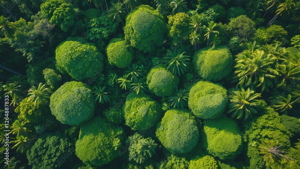 Poster aerial view of lush green forest with varied tree shapes and dense foliage suitable for backgrounds 