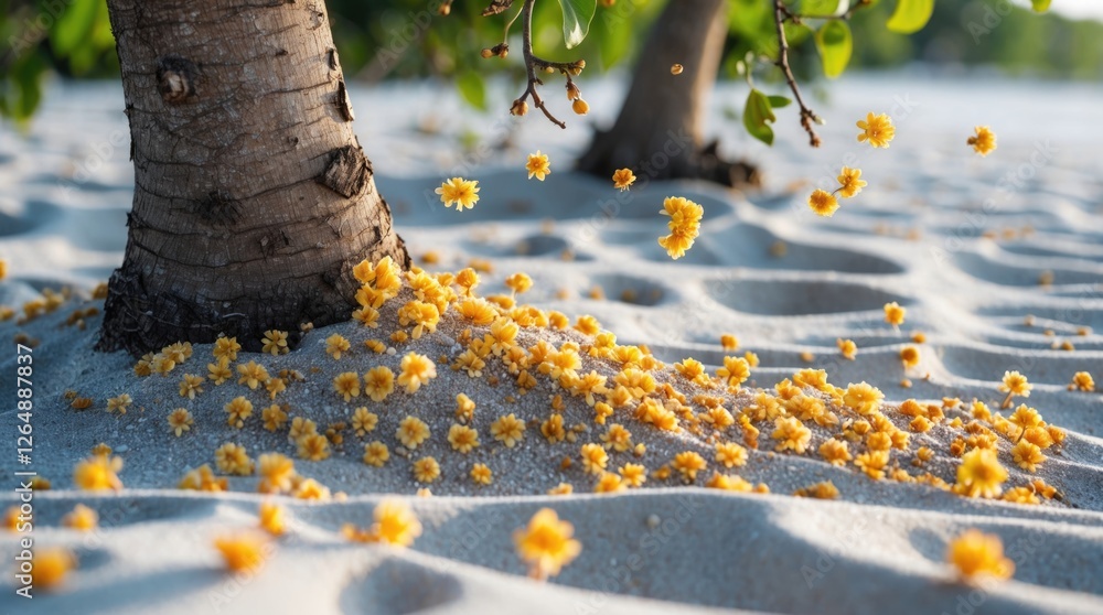 Poster Scattered yellow flowers on sandy beach beside tree trunk in soft sunlight creating a natural and tranquil scene with Copy Space