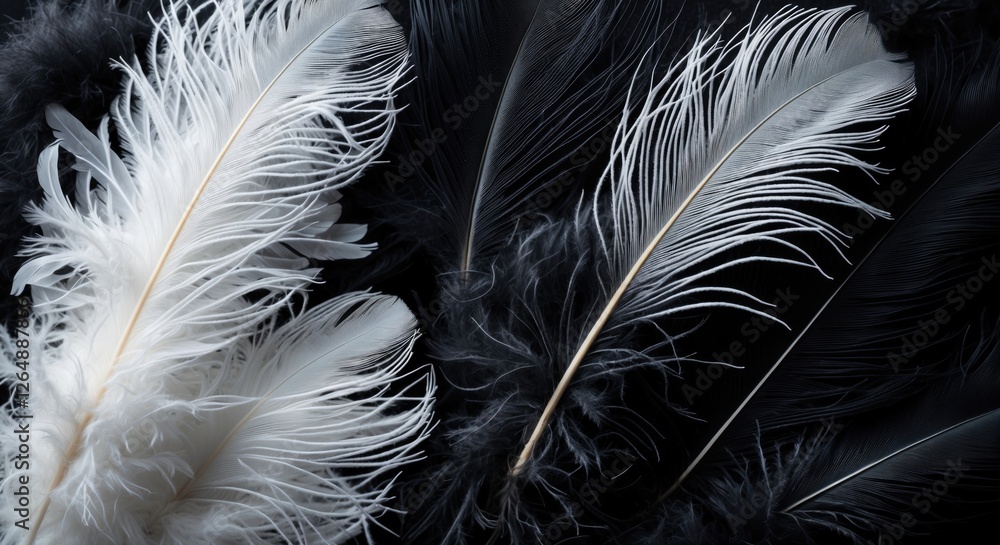 Poster Black and white feathers arrangement on dark background with soft textures and fine details Copy Space