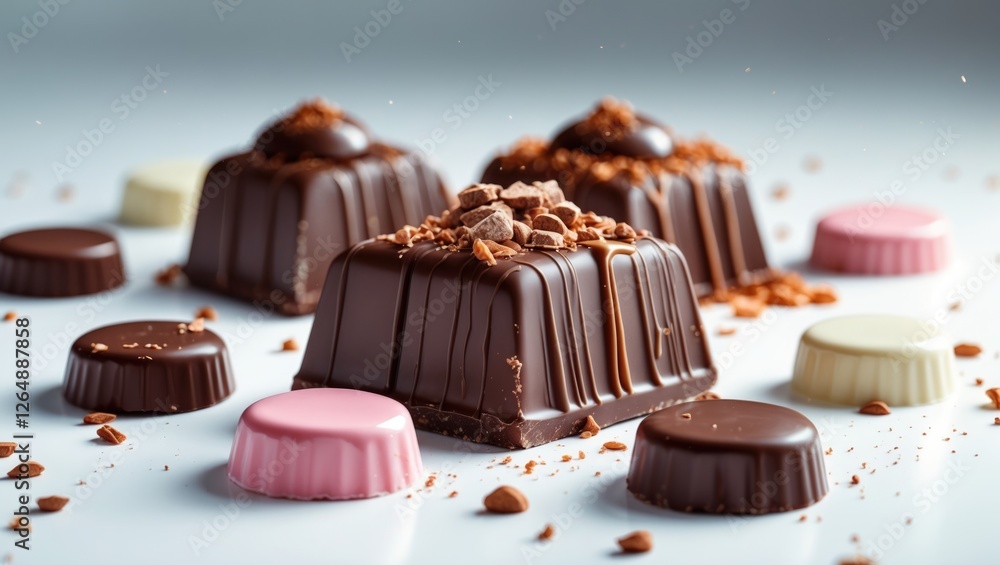 Poster assorted chocolate candies with toppings on a light background and scattered chocolate pieces, copy 