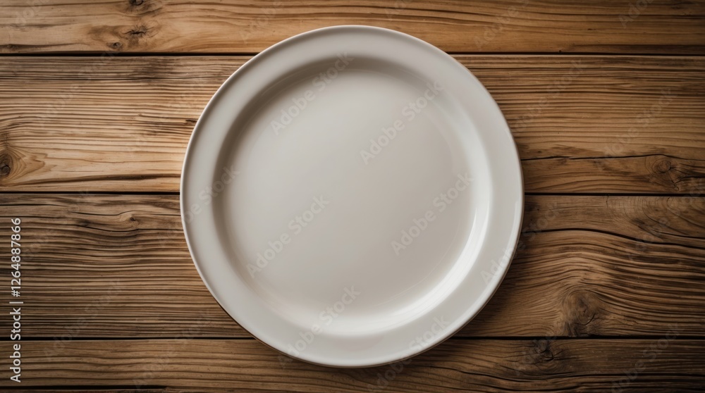 Poster Empty round white plate on rustic wooden table with natural textures and patterns Copy Space