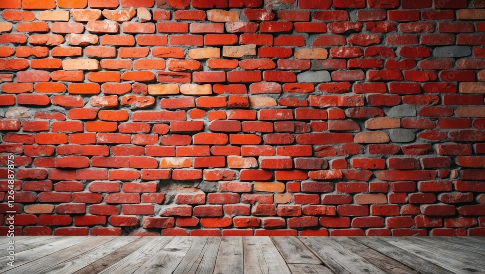 Poster red brick wall texture with weathered wooden floor foreground featuring ample copy space for text pl